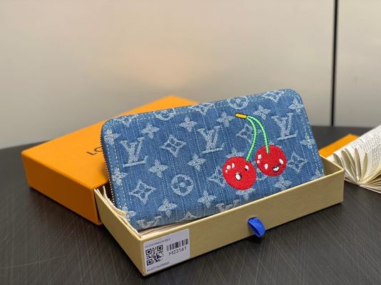 Blue LV Denim Cherry Wallet Single Button Canvas Cowhide Wallet