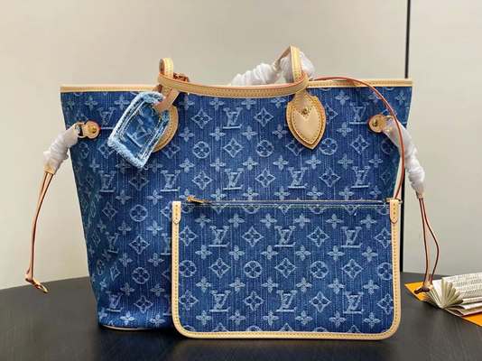 LV Neverfull MM Denim Shoulder Bag 31x28x14cm Blue Cowhide