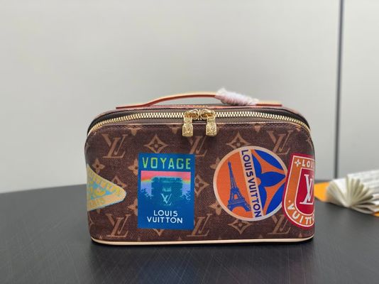 LV Style Brown Leather Toilet Bag 24x13x13cm Cowhide Canvas