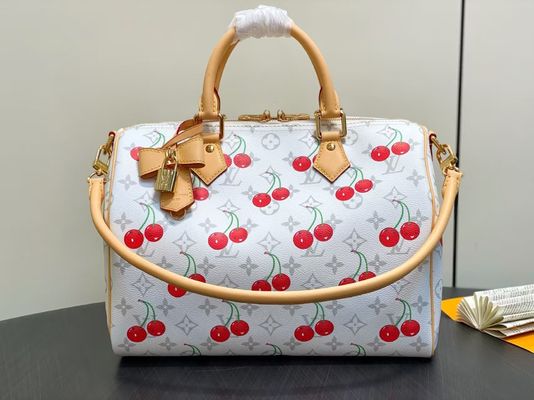 White Cowhide LV Cherry Print Handbag 30x21x7cm