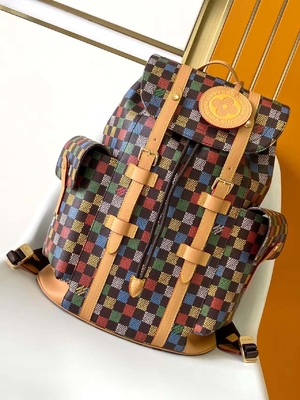 Luxury Brown Checkered Leather Backpack Cowhide Canvas Backpack 41x47x13cm