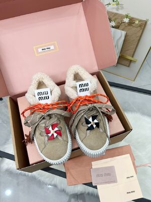 Autumn Winter Windmill Biscuit Shoes Miumiu Vintage Fashion Lined Fleece Thick Soled Lamb Fur Lace Up Casual Sneakers
